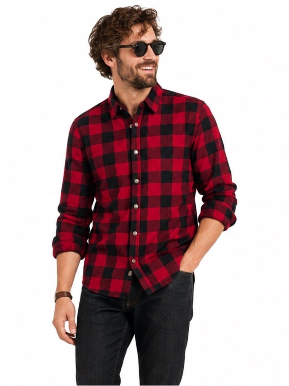 Orvis Red Black Plaid Button Fleece Lined Snap Button Long Sleeved Shirt Large